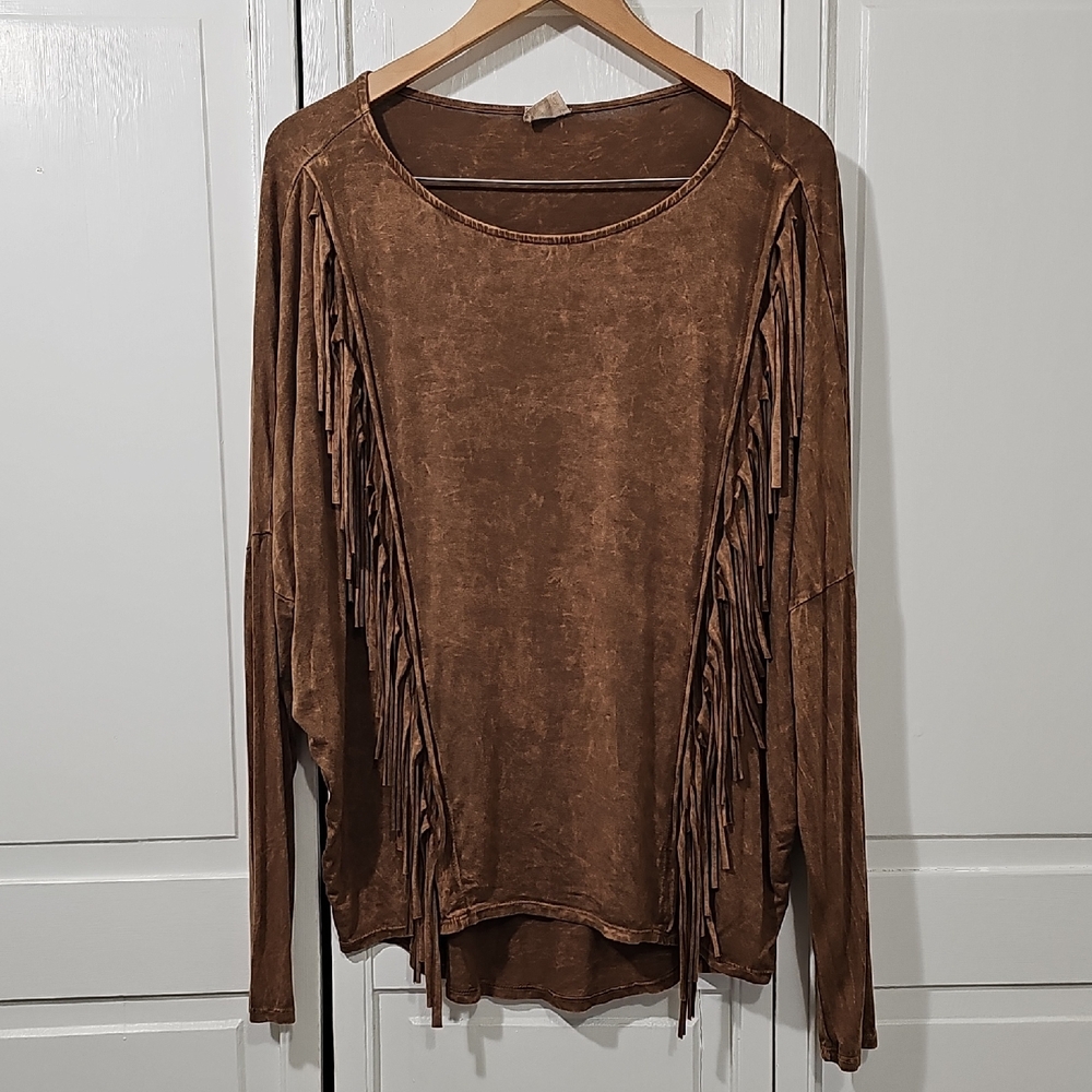 Chic Fringe Long Sleeve Top in Brown